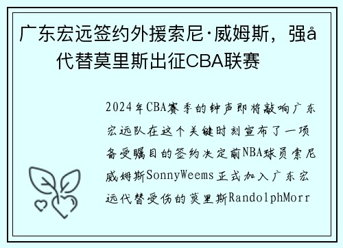 广东宏远签约外援索尼·威姆斯，强力代替莫里斯出征CBA联赛