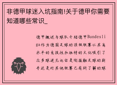 非德甲球迷入坑指南!关于德甲你需要知道哪些常识_