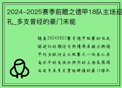 2024-2025赛季前瞻之德甲18队主场巡礼_多支曾经的豪门未能