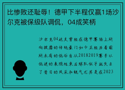 比惨败还耻辱！德甲下半程仅赢1场沙尔克被保级队调侃，04成笑柄