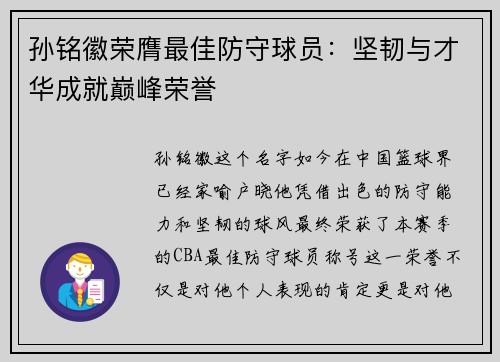 孙铭徽荣膺最佳防守球员：坚韧与才华成就巅峰荣誉